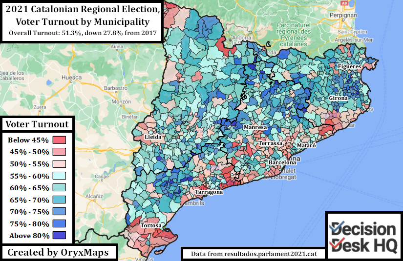 Voter Turnout by Municipality in the 2021 Catalonian Regional Elections