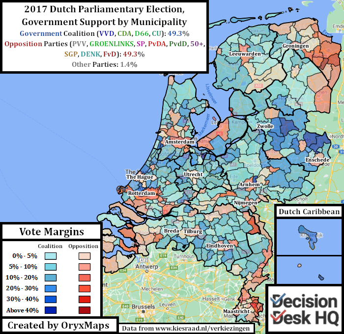 Electoral Support Map for the Eventual Dutch Governing Coalition after the 2017 Election 