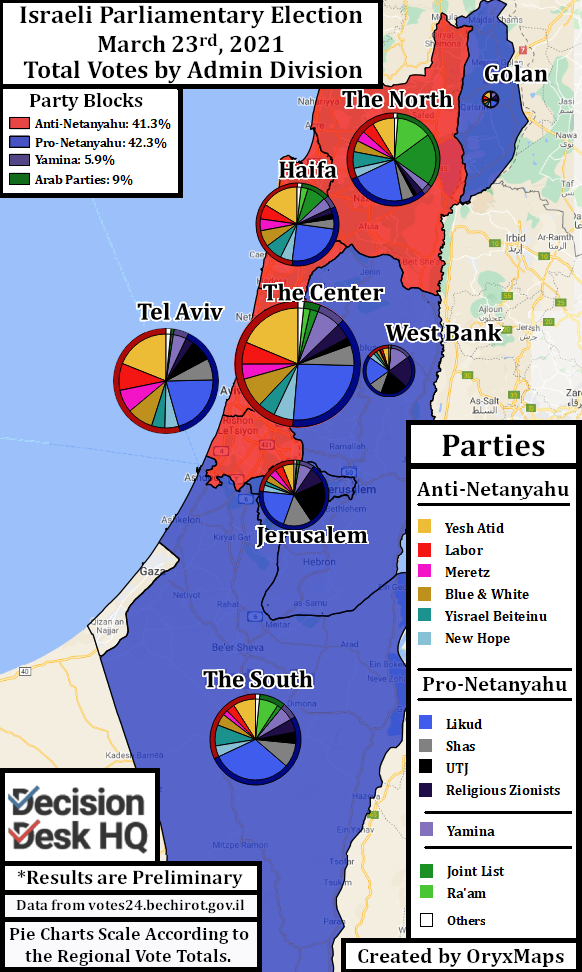 Israel Election Results Pie Map by Administrative Division 