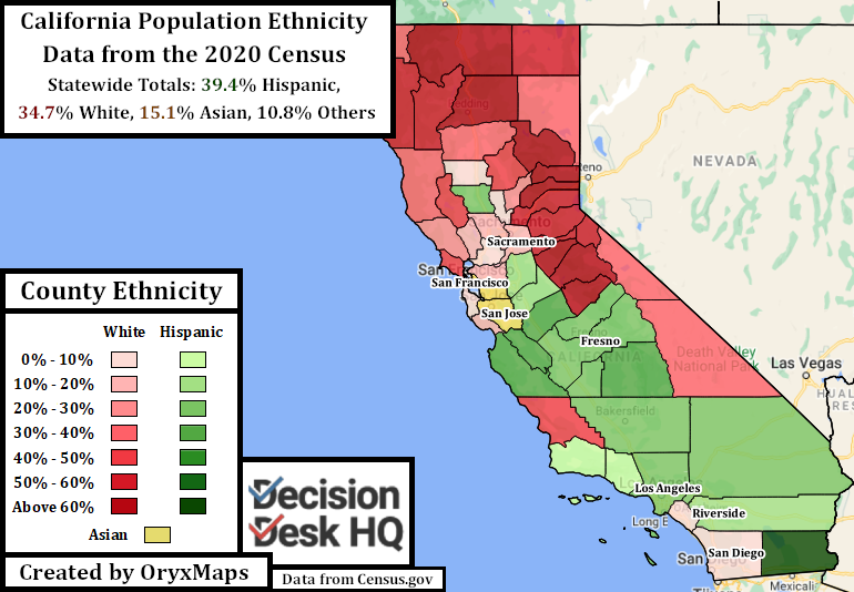 California Population ethnicity by County based on the 2020 Census