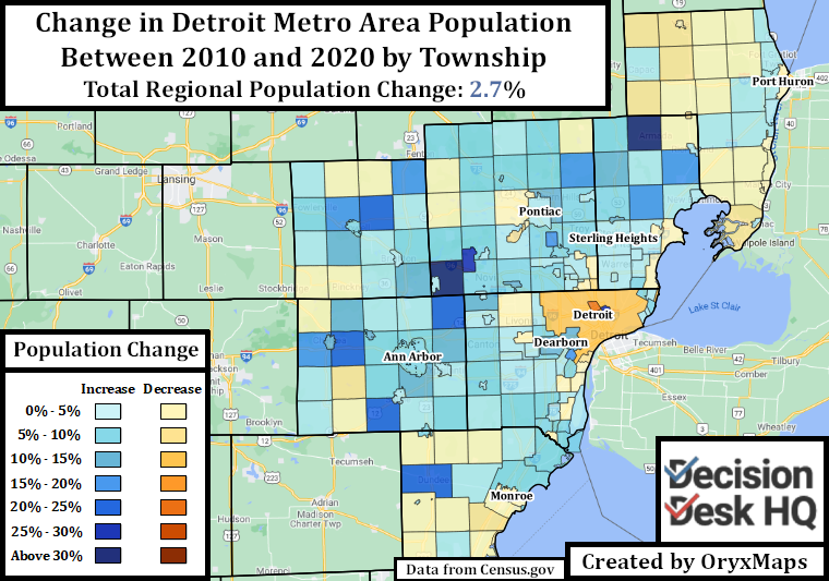 Population Change between 2010 and 2020 in Detroit Metro Area Townships