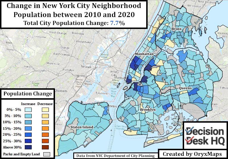 Population Change between 2010 and 2020 in NYC Neighborhoods