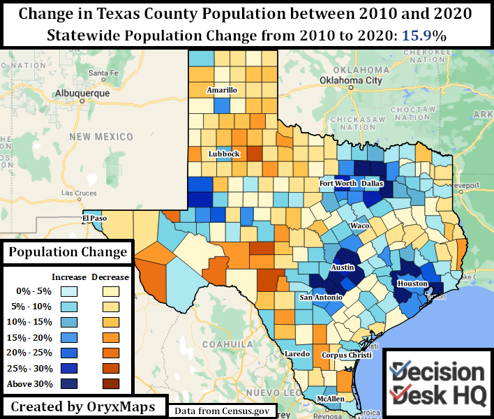 opulation Change between 2010 and 2020 in Texas