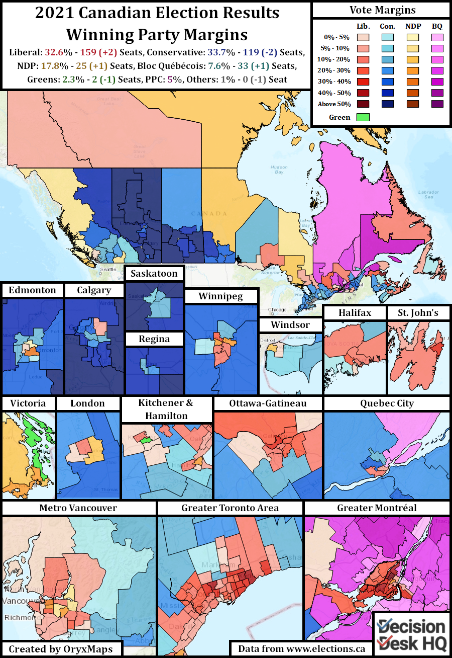 2021 Canadian Election Margin of Victory Map