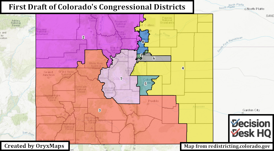 Colorado's First Draft of Congressional Districts based off Census Data