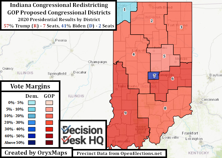 Proposed Indiana Congressional District Map by 2020 Presidential Results