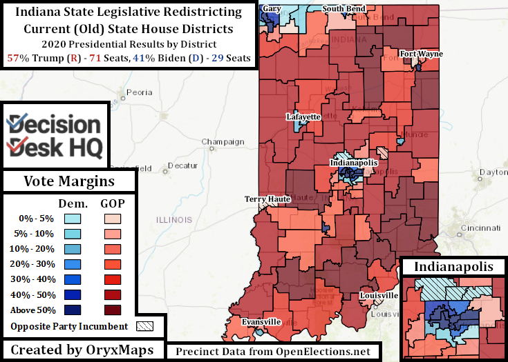 Current Indiana State House Map by 2020 Presidential Results