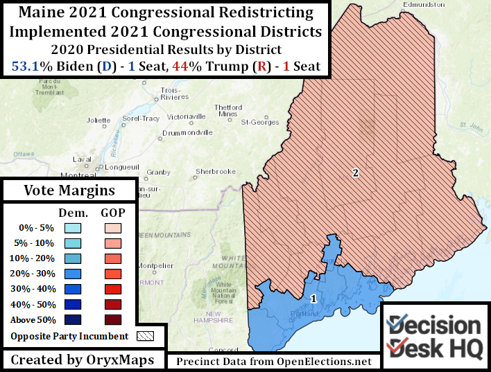Maine Implemented Congressional Districts by 2020 Presidential Results