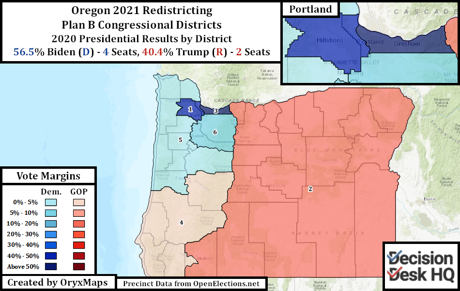 Oregon Plan B Congressional Districts Oregon's Present State House Districts by 2020 Presidential Vote