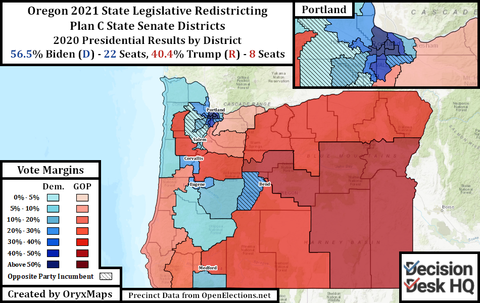Oregon Plan C State Senate Districts Oregon's Present State House Districts by 2020 Presidential Vote