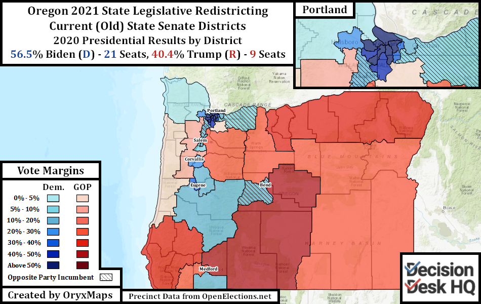 Oregon's Present State Senate Districts by 2020 Presidential Vote