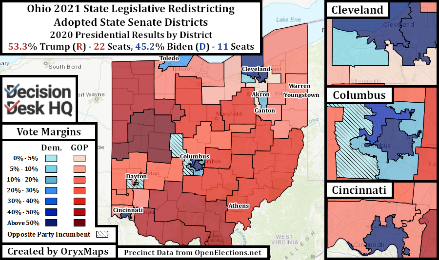 Ohio Adopted State Senate Districts by 2020 Presidential Results
