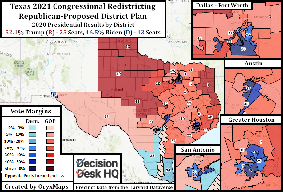 Texas Republican's Proposed Congressional Districts by 2020 Presidential Results