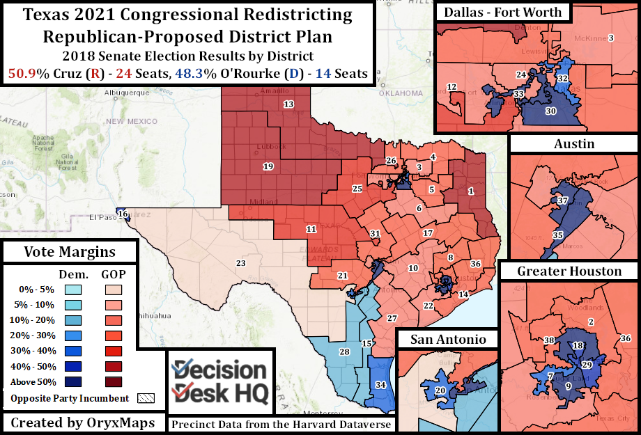 Texas Republican's Proposed Congressional Districts by 2018 Senate Race Results