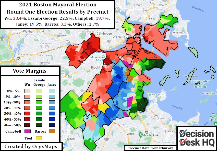 2021 Boston Mayoral Election Round 1 Precinct Results Map 