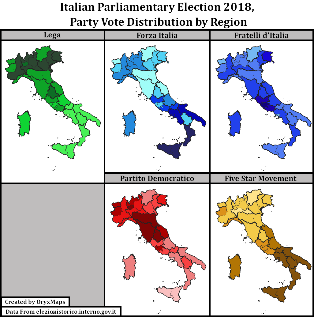 Italian Election 2018 Party Votes by Region